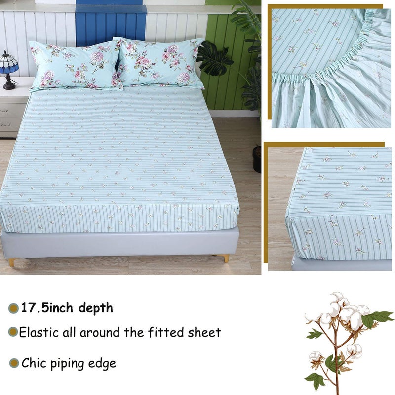 FADFAY Sheet Set Full Farmhouse Bedding Rose and Hydrangea 100% Cotton Blue Floral Deep Pocket Fitted Sheet 4-Pieces Full - Image 2